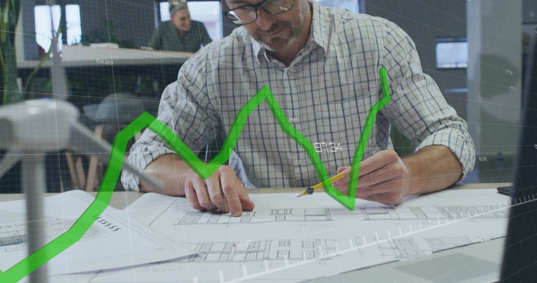 Engineer Analyzing Blueprints with Financial Data Overlay