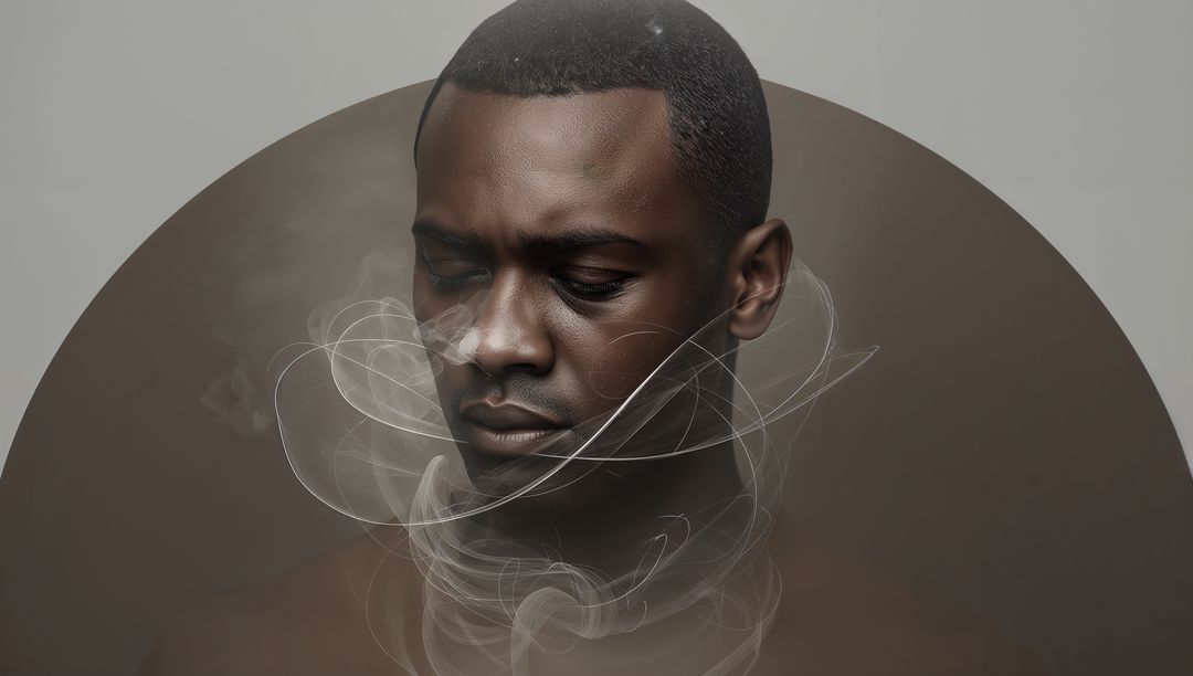 Contemplating man with ethereal smoke halo, moody surreal portrait with vapor aura