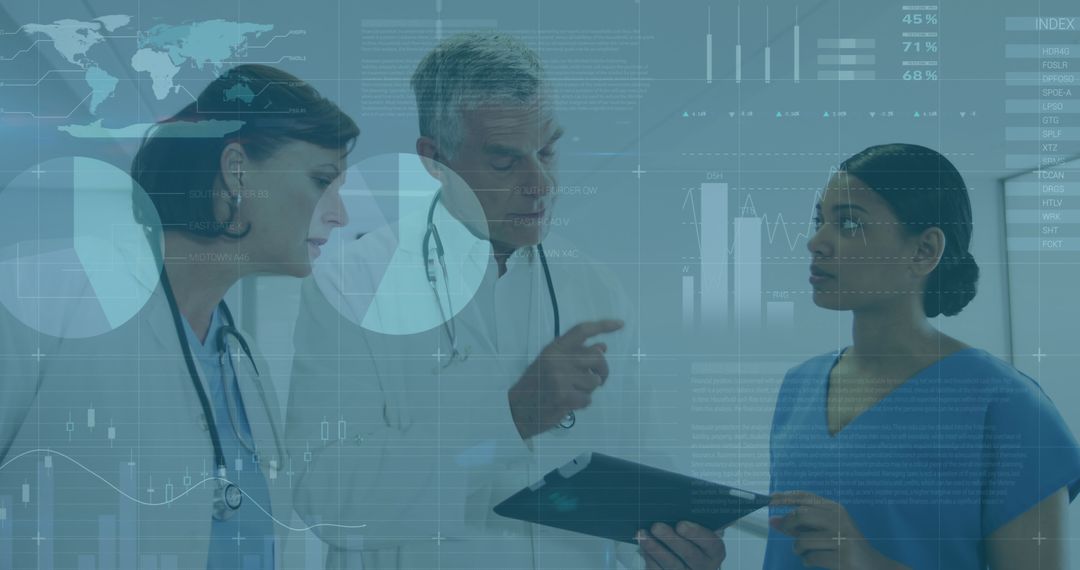 Healthcare Professionals Analyzing Data with Futuristic Interface Overlay