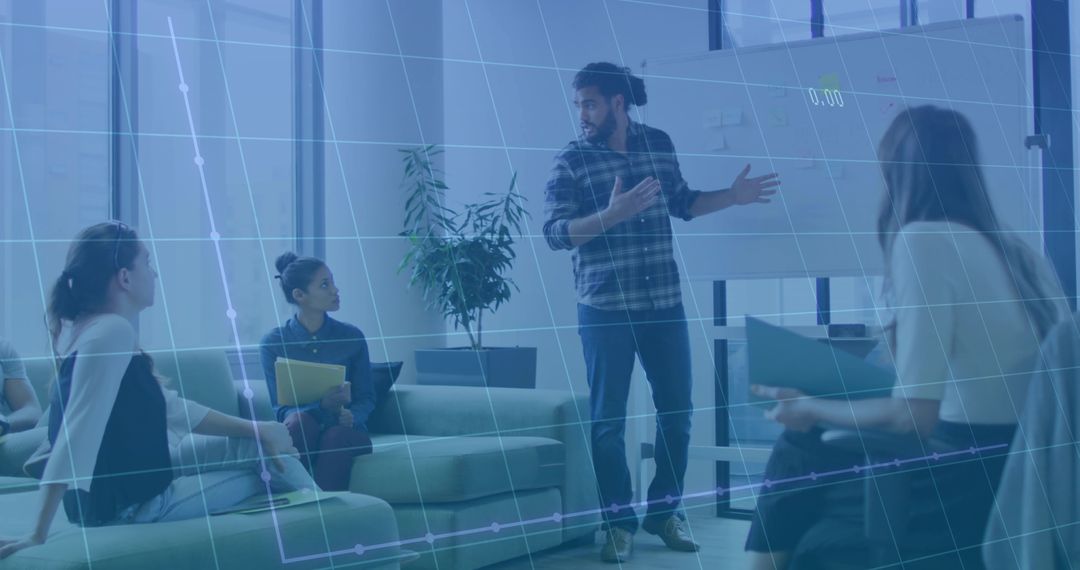 Young professional presenting in lounge meeting with data overlay and collaborative whiteboard