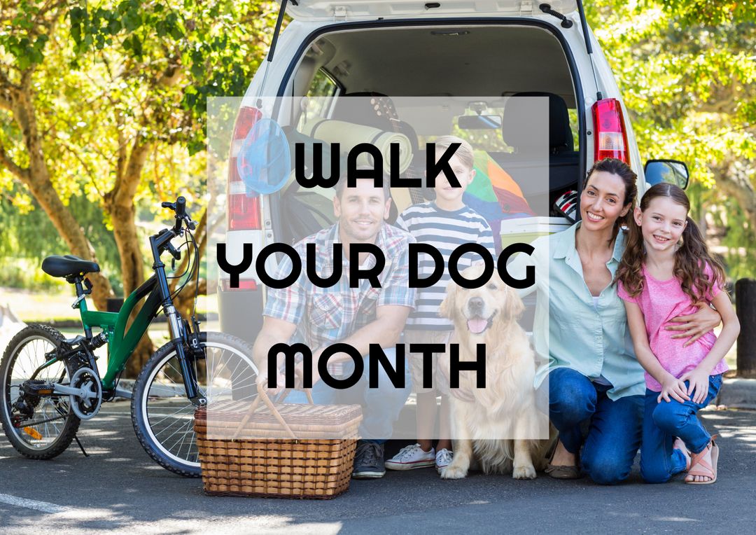 Digital composite image of walk your dog month text family with pet in front of car - Free Images, Stock Photos and Pictures on Pikwizard.com