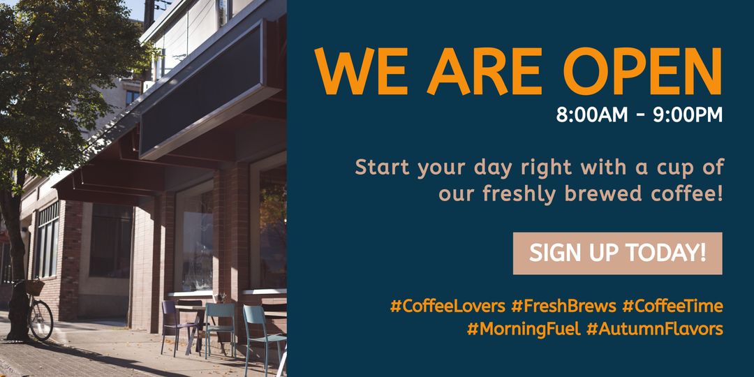 Charming Corner Coffee Shop Promoting Fresh Brews Open 8:00AM – 9:00PM - Download Free Stock Templates Pikwizard.com