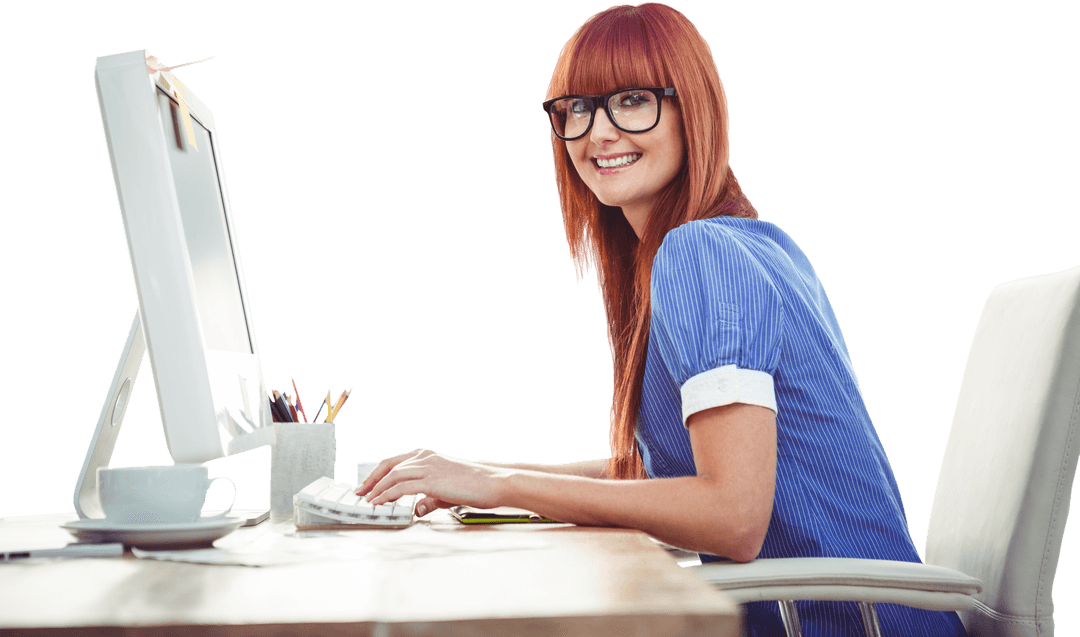 Transparent Creative Woman Smiling at Desk with Computer