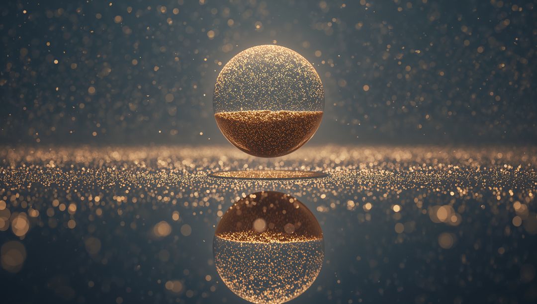 Floating glass orb filled with golden particles levitating above reflective surface