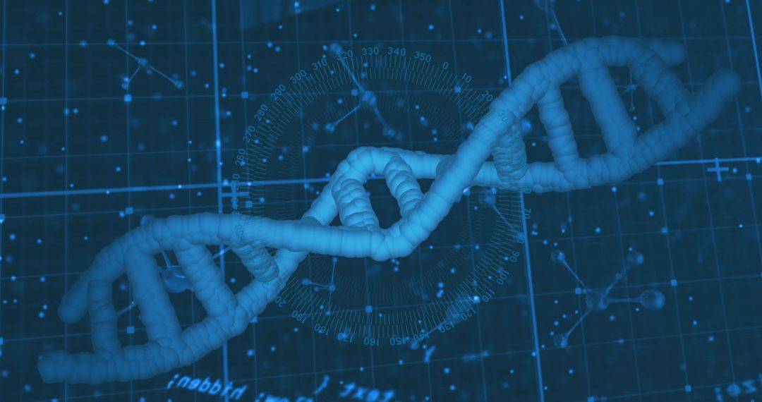 Blue Grid Background With DNA Strand and Scientific Data