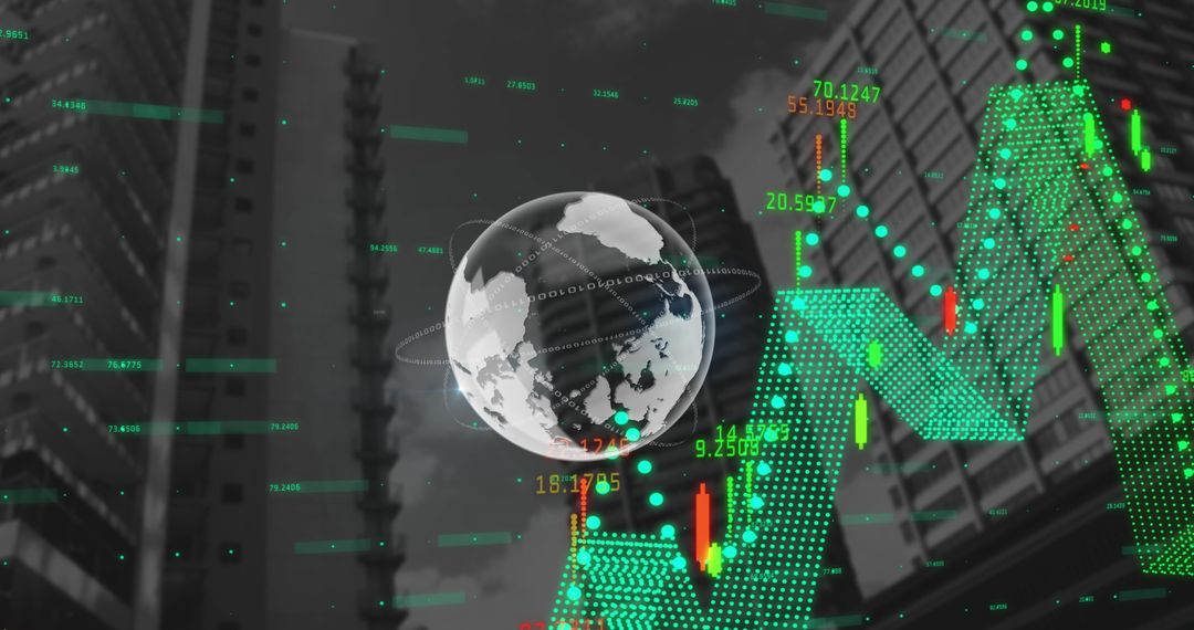 Global Finance and Technology Futuristic Cityscape with Digital Data