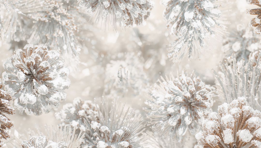 Snow-Dusted Pine Cones and Frosted Conifer Needles Shimmering with Icy Crystals