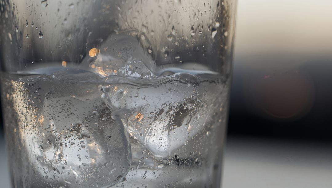 Melting Ice and Condensation in Clear Tumbler with Soft Bokeh Lights