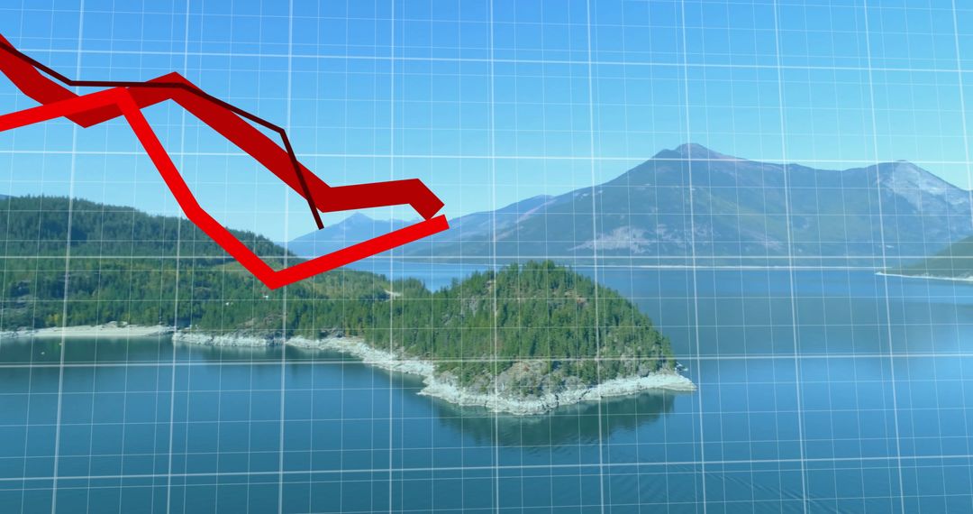 Red Graph Line Overlay on Scenic Seascape Indicates Market Trends