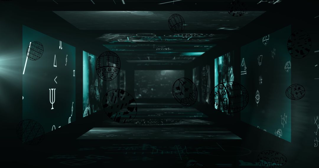 Futuristic Digital Tunnel with Glowing Symbols and Shapes