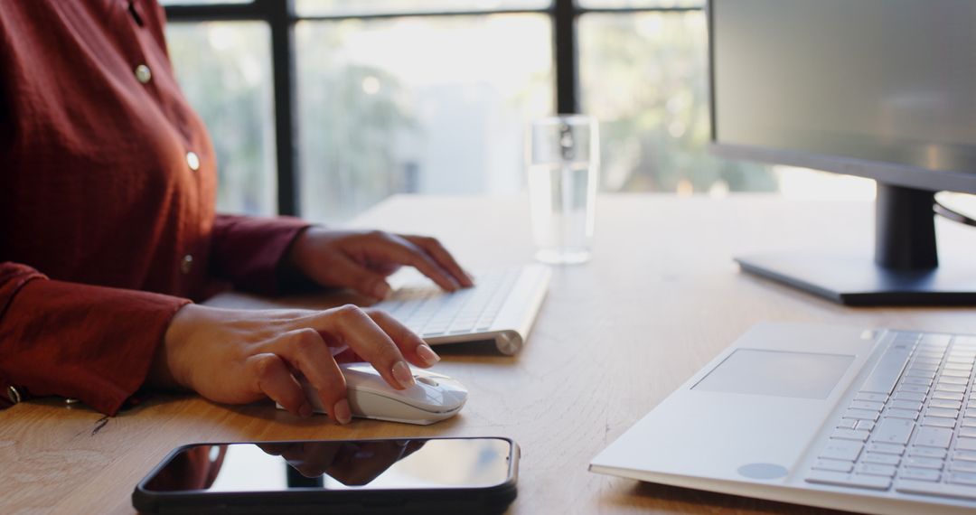 Business Professional Using Computer Mouse and Keyboard in Office