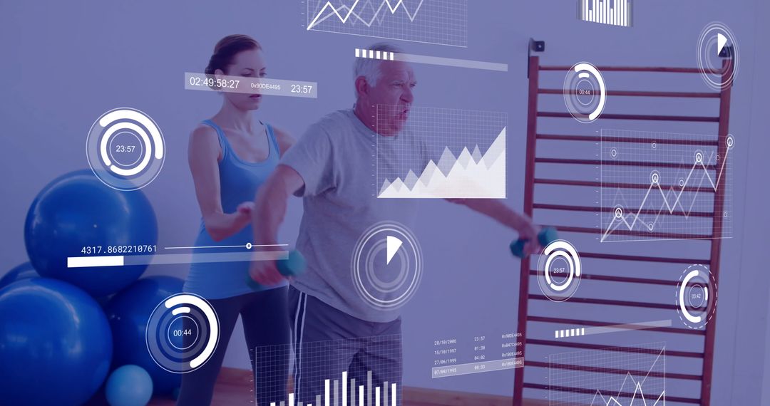 Senior Man Exercising with Trainer and Technology Fitness Data Display