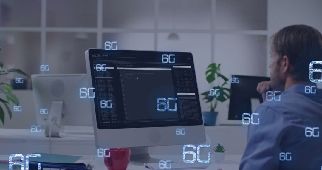 Tech Professional Developing at Computer Surrounded by 6G Graphics