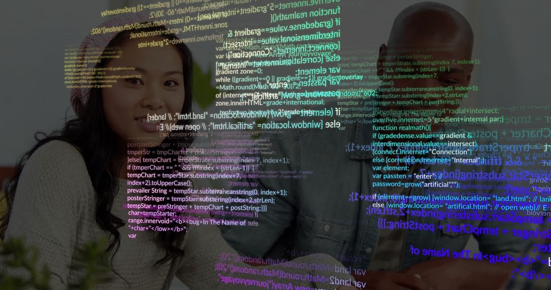 Diverse Software Team Collaborating with Code Overlay