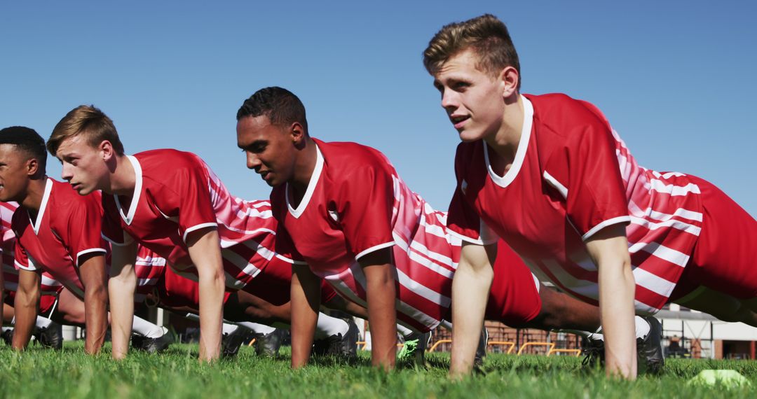 Teen Soccer Team Exercising with Push-Ups on Grass Field - Free Images, Stock Photos and Pictures on Pikwizard.com