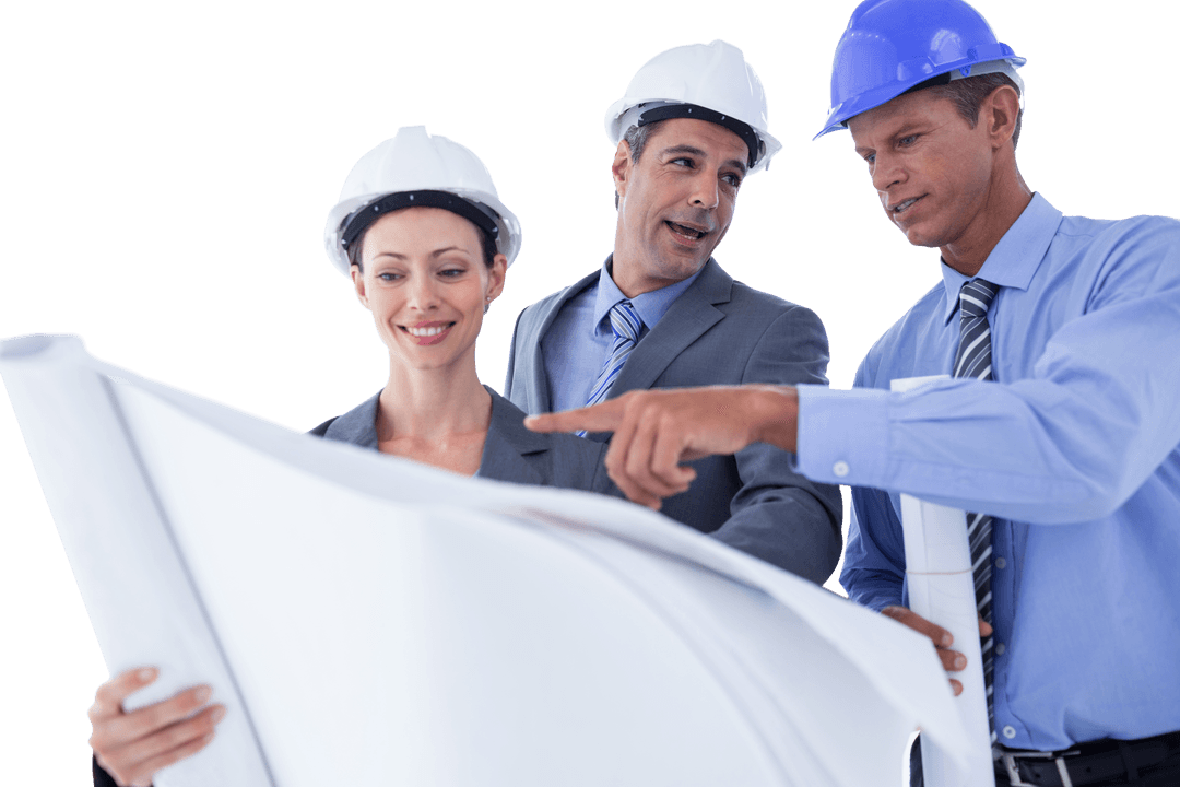 Transparent Team Reviewing Architectural Blueprint with Hard Hats