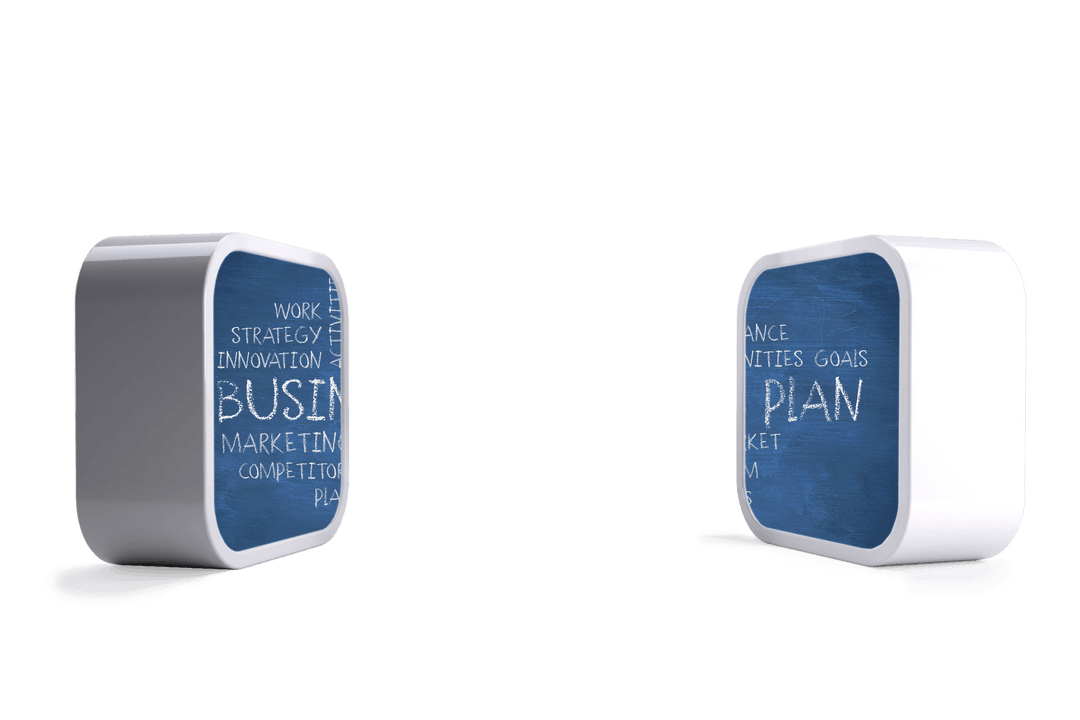 Transparent Cubic Displays Showing Business Planning Concepts