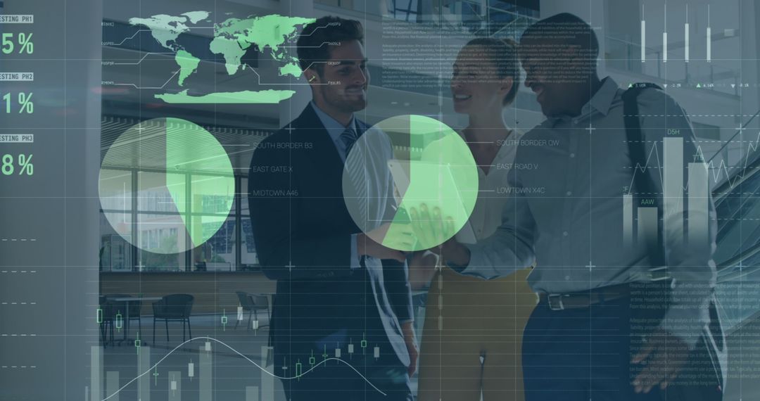 Diverse Professionals Engaging with Global Business Data Visualization