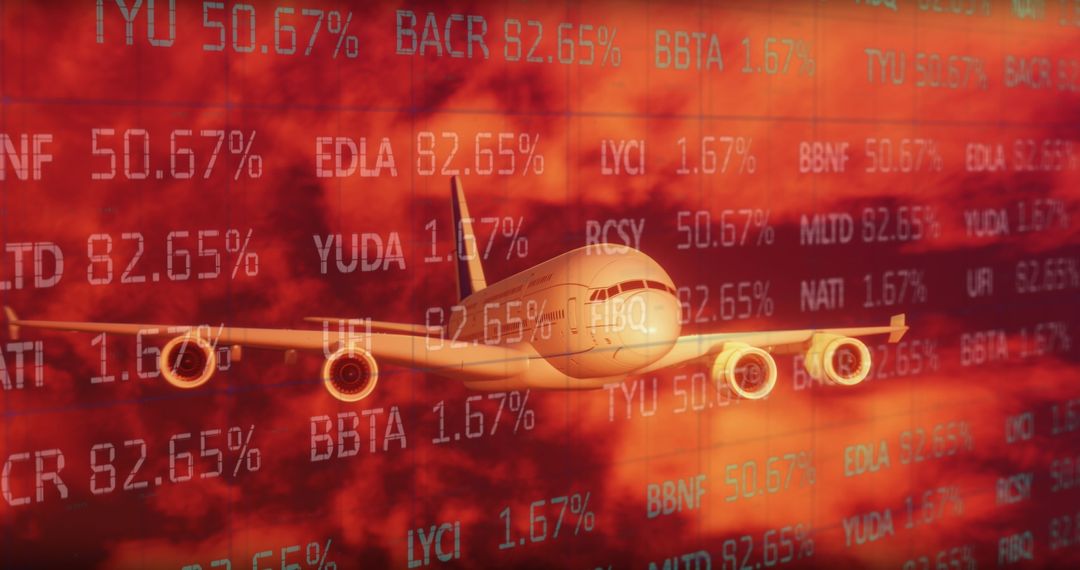 Airplane Flying Through Financial Data in Orange Clouds