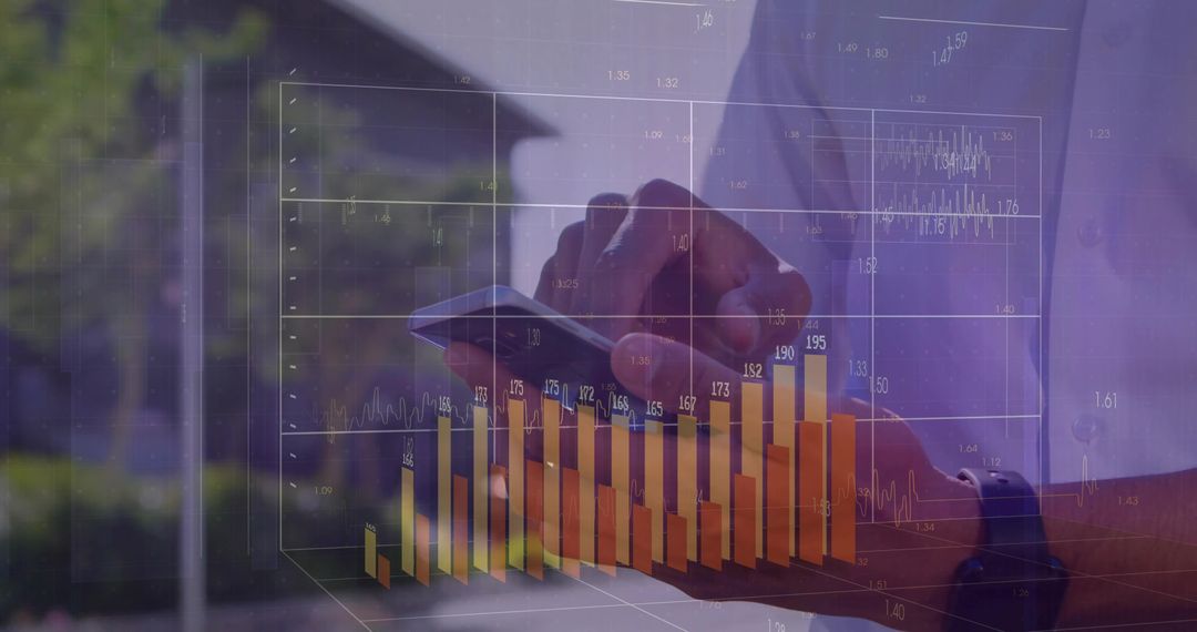 Business Analytics on Mobile: Hands Tapping Smartphone with 3D Bar Chart Through Glass Window