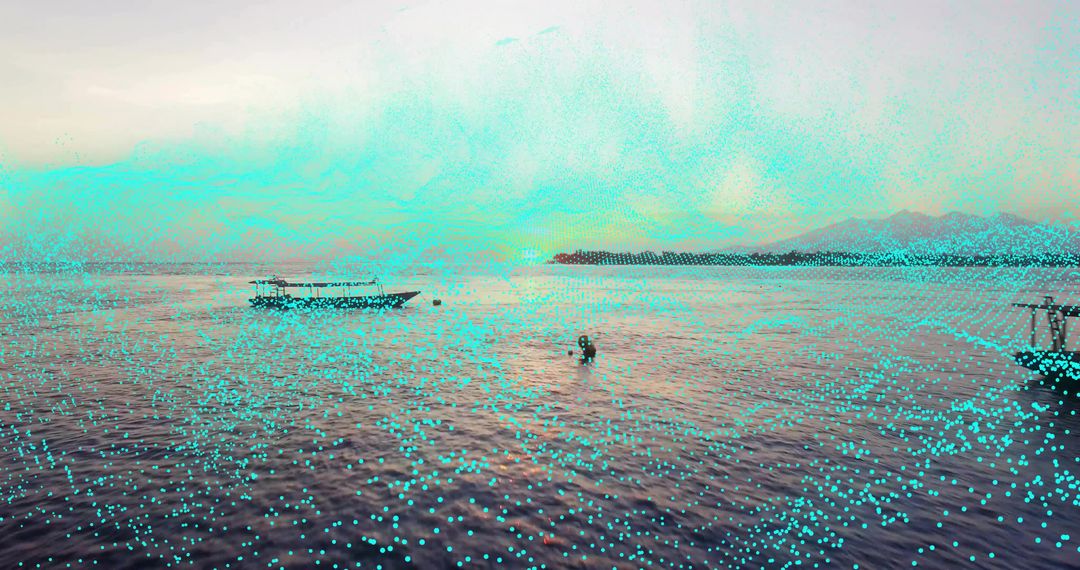 Tranquil Coastal Landscape with Swimmer and Boats