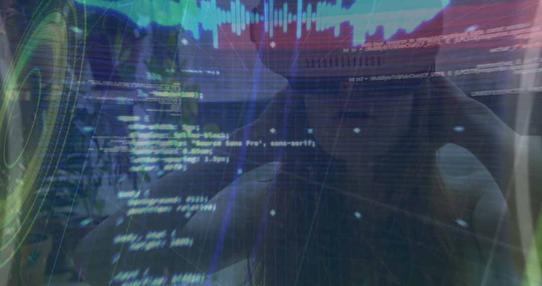 Woman Experiencing Virtual Reality Surrounded by Digital Code