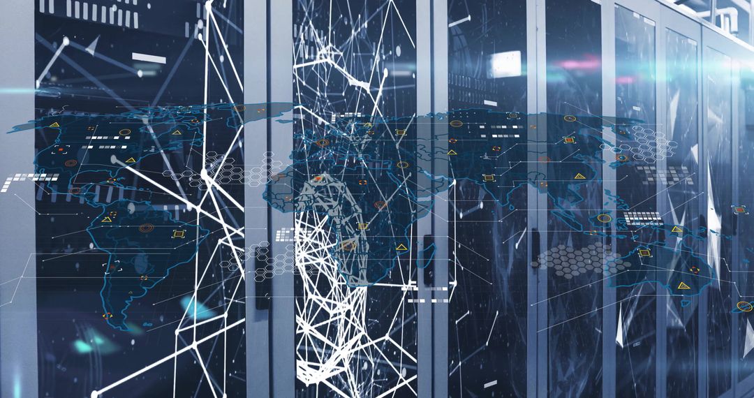 Futuristic Digital Network Overlay on Server Cabinets in Data Center