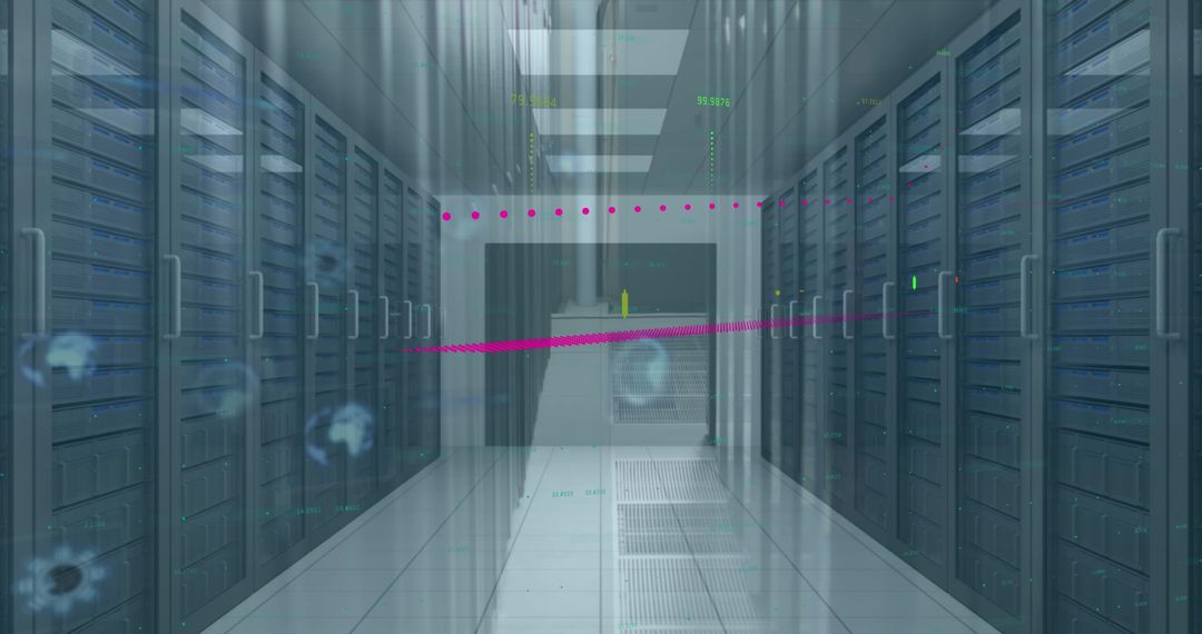 Futuristic Data Center with Server Cabinets and Digital Overlay