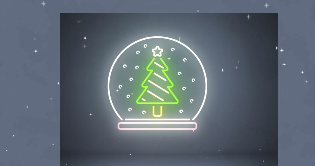 Neon Christmas Tree in Snow Globe on Gray Background
