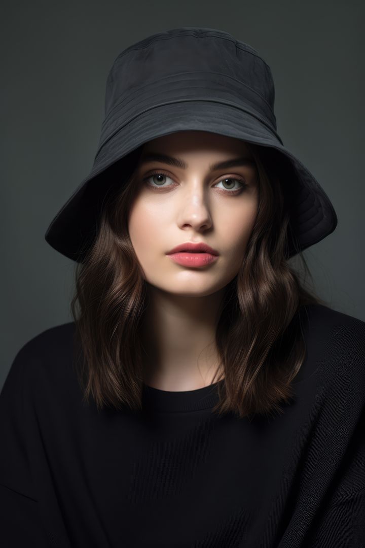 Portrait of woman with black bucket hat on black background, created using generative ai technology - Free Images, Stock Photos and Pictures on Pikwizard.com