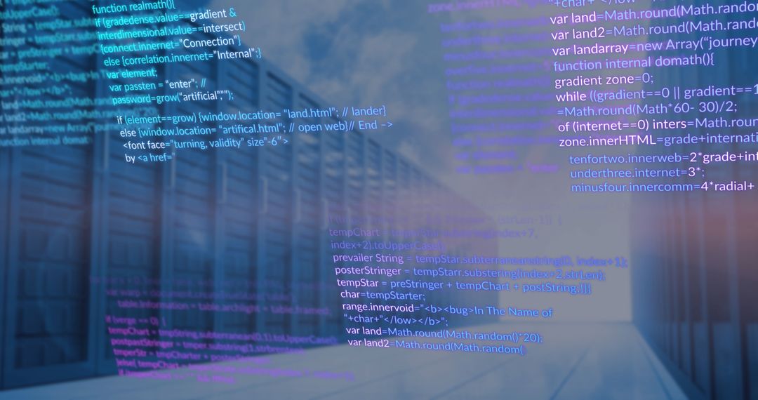 Data Processing Code Overlay on Server Room with Digital Theme