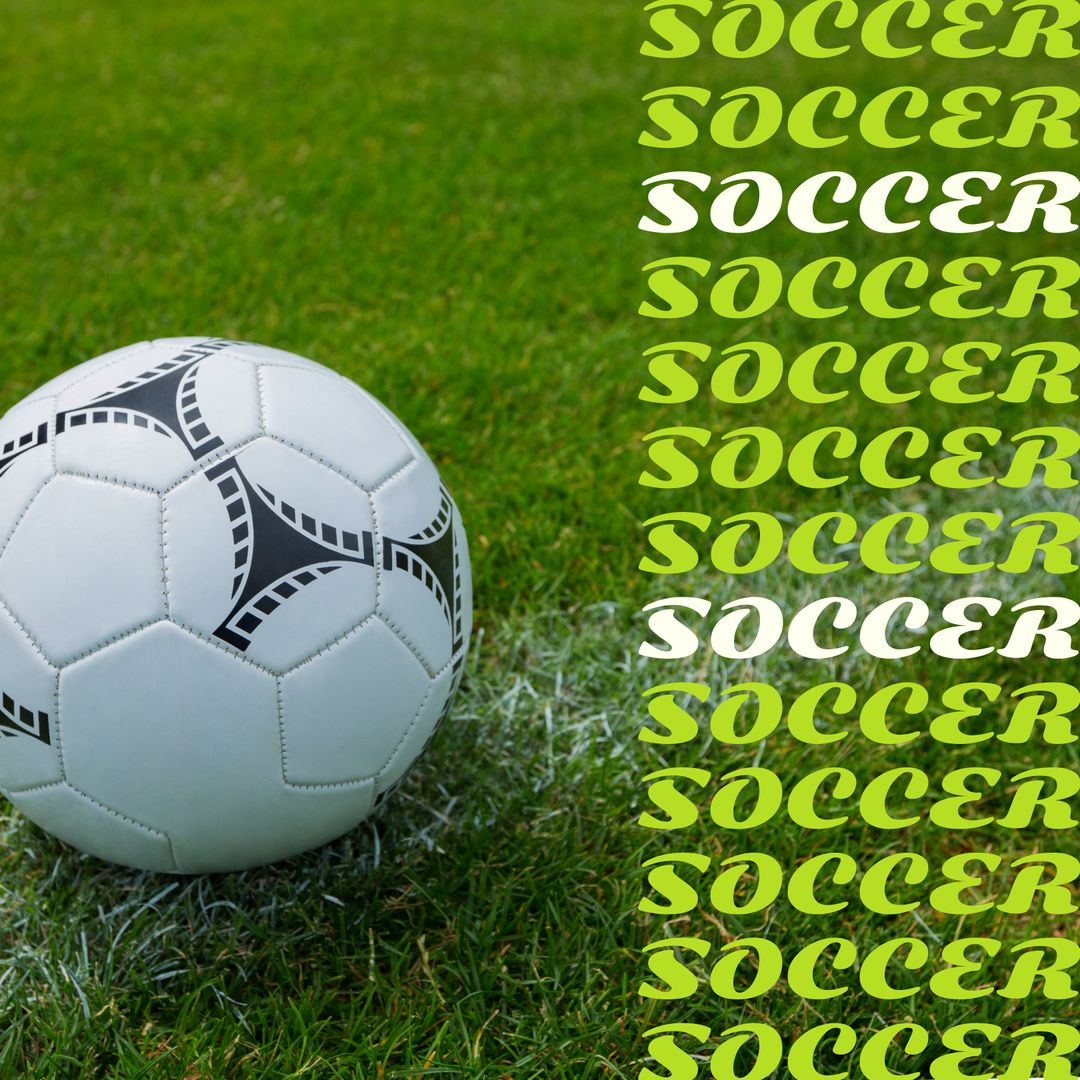 White Soccer Ball on Grass Field with Repetitive Soccer Text Design - Download Free Stock Templates Pikwizard.com