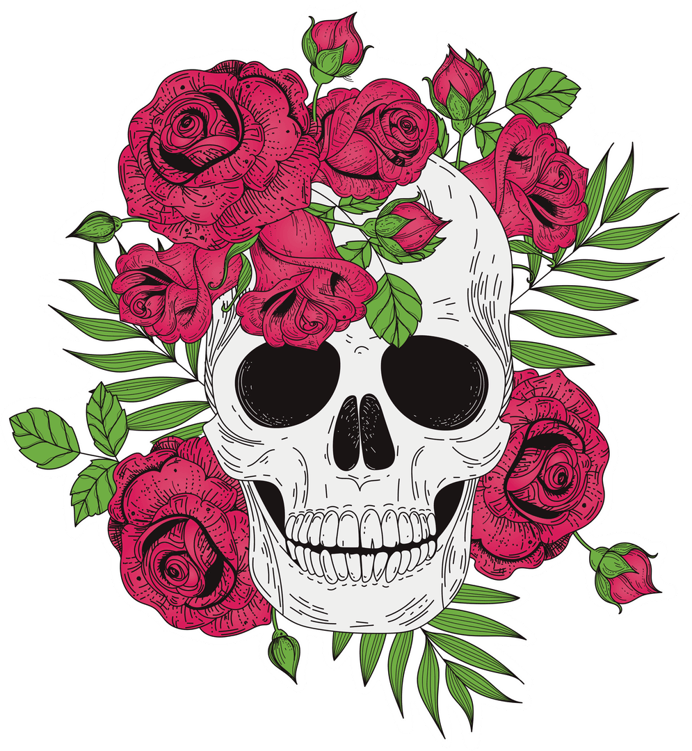 Transparent Skull with Pink Roses and Leaves Illustration