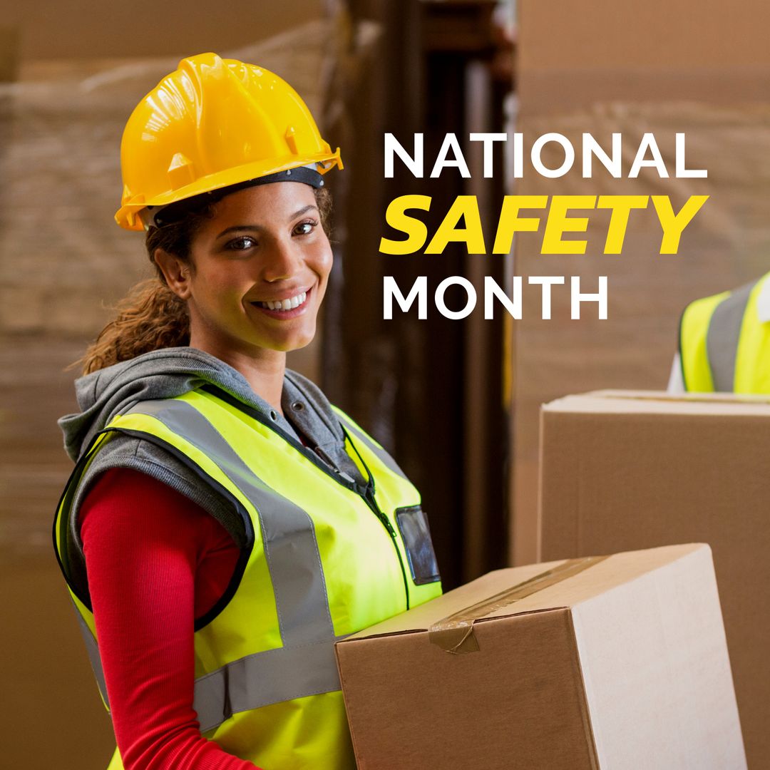 Smiling Female Warehouse Worker Promoting National Safety Month - Download Free Stock Templates Pikwizard.com