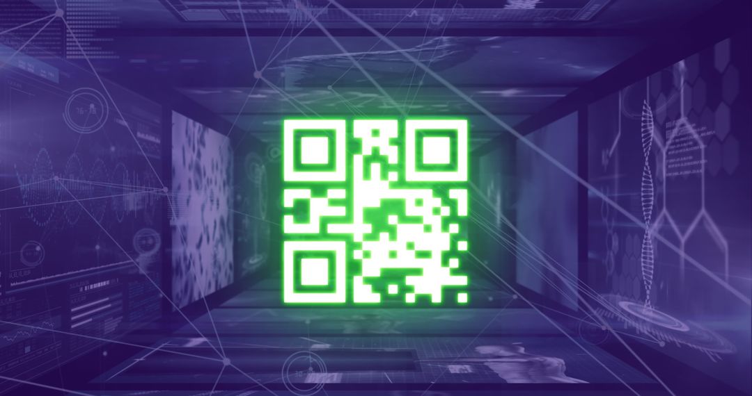 Glowing QR Code in Neon Blue Abstract Tech Tunnel Background