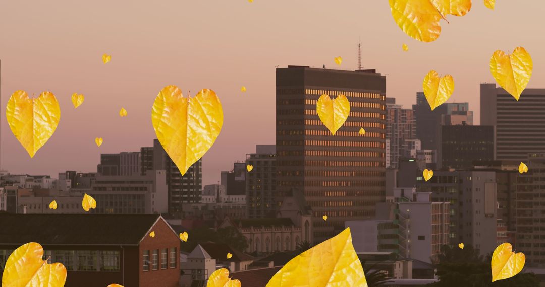 Golden Autumn Leaves Floating Over Urban Skyline