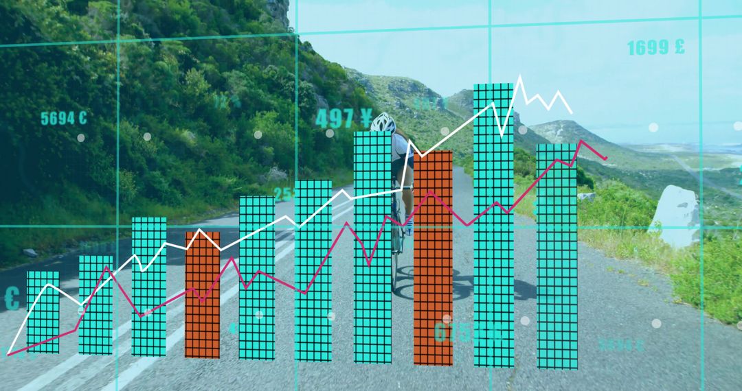Cyclist on Mountain Road with Overlapping Data Analytics Bar Chart