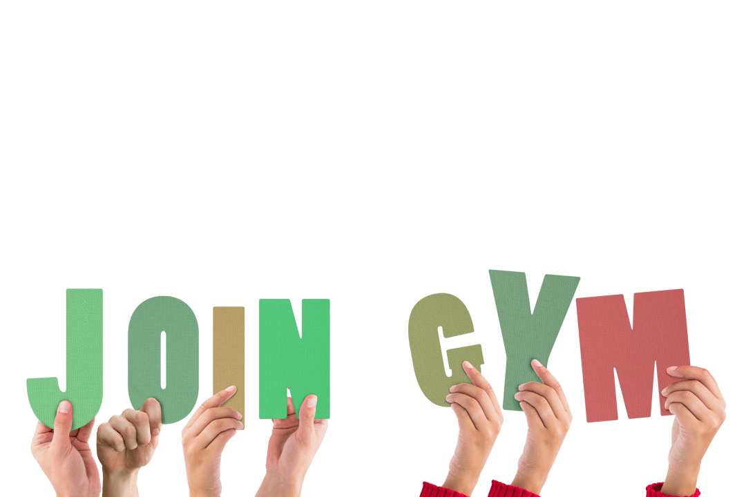 Illustration of Hands Holding Join Gym Text on Transparent Background