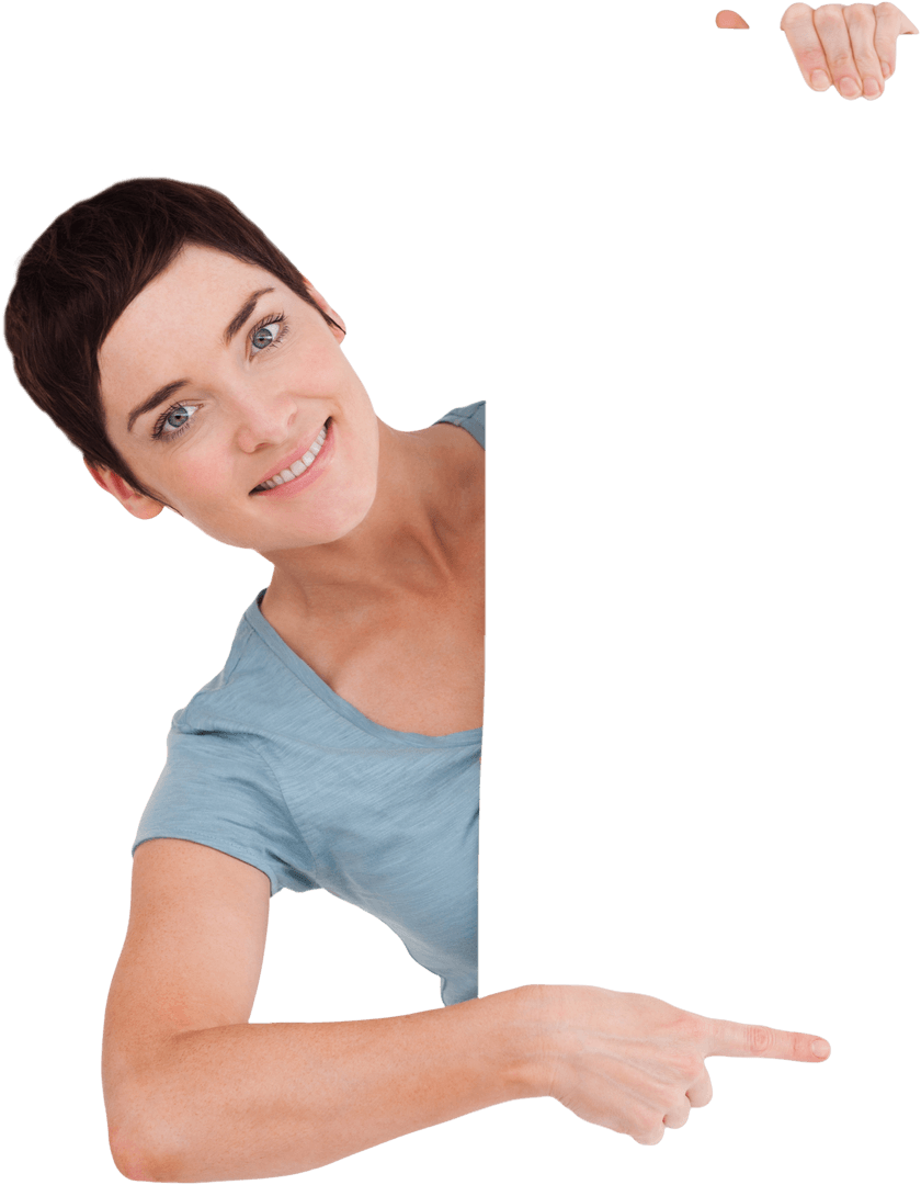 Smiling Brunette Woman Pointing at Blank Transparent Banner
