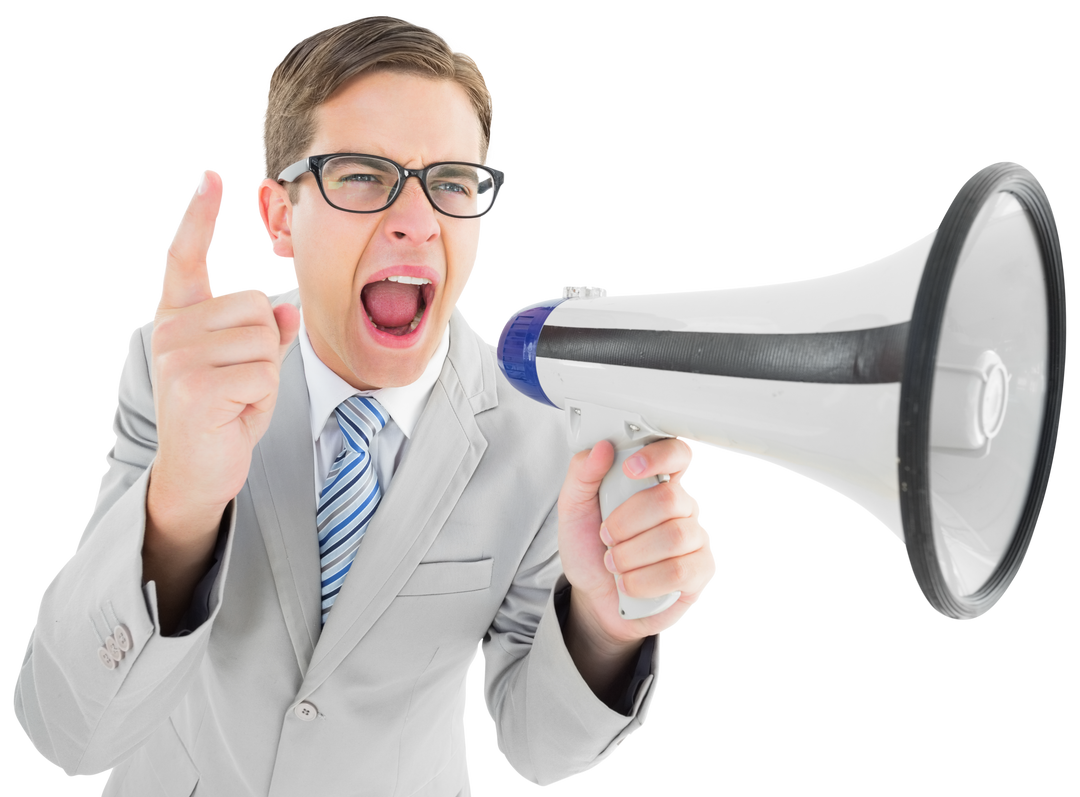 Geeky Businessman in Gray Suit Shout through Transparent Megaphone - Download Free Stock Images Pikwizard.com