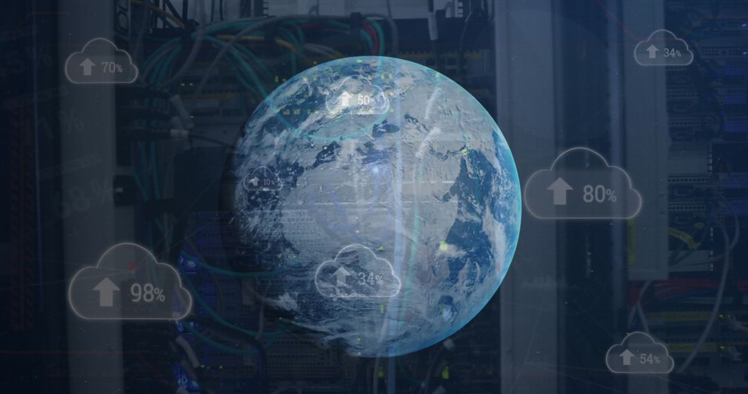 Global Cloud Computing Concept with Earth Overlay on Server Background