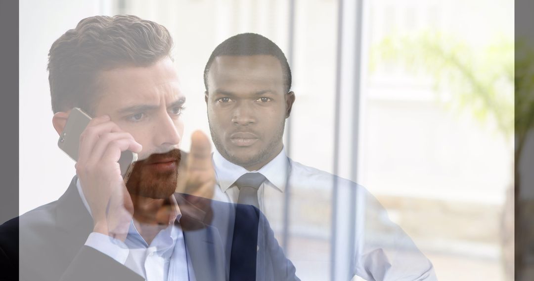 Businessman Making Phone Call with Serious Colleague Overlay