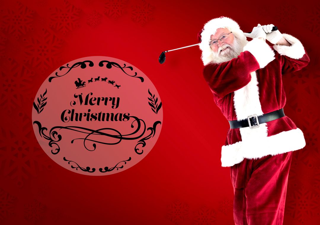 Santa Claus Playing Golf with Merry Christmas Text on Red Background - Download Free Stock Templates Pikwizard.com