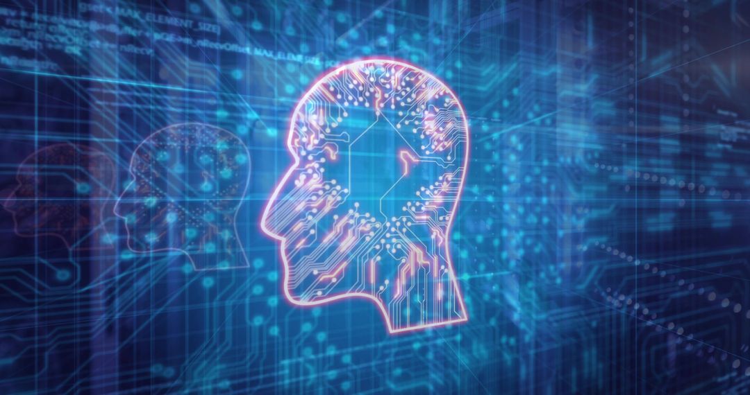 Neon Circuit Head Silhouette Representing Artificial Intelligence, Neural Network, Tech