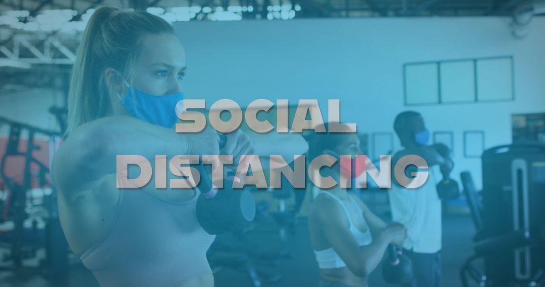 Diverse People Exercising with Masks in Gym Showing Social Distancing
