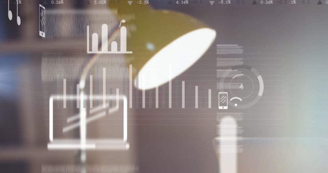 Digital Business Icons Overlay on Office Lamp Desk