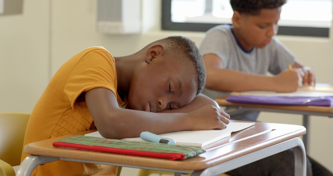 Tired Schoolboy Dozing at Desk during Class