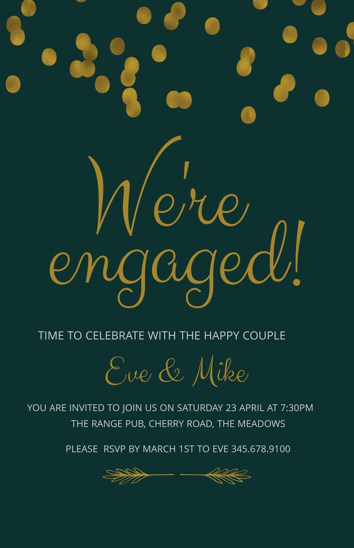 Elegant Engagement Invitation with Gold Dots and Dark Green Background - Download Free Stock Templates Pikwizard.com