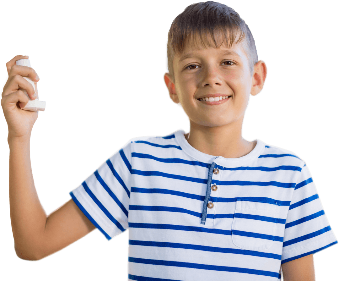 Smiling Boy with Asthma Inhaler on Transparent Background