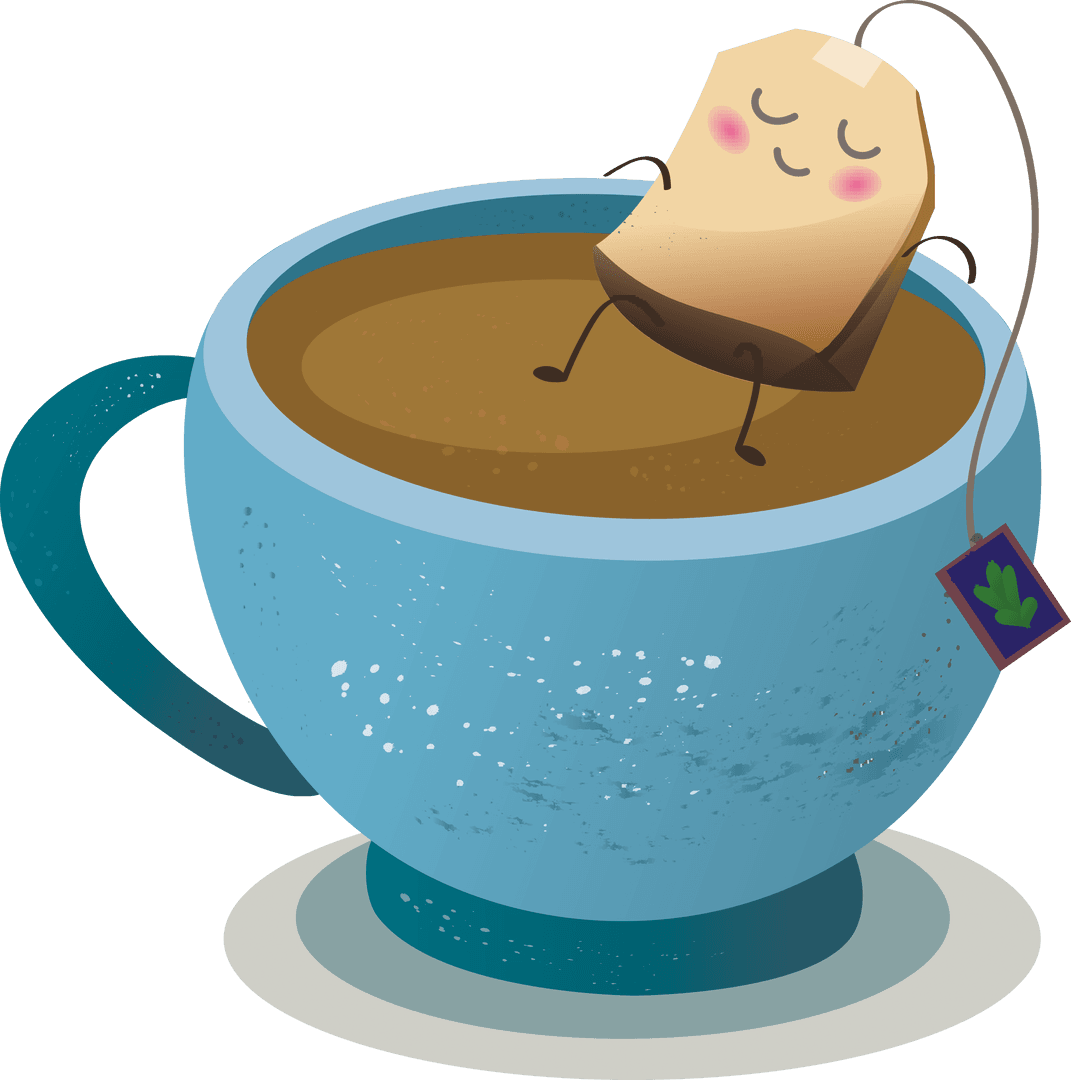 Happy Teabag Character Relaxing in Blue Tea Cup on Transparent Background